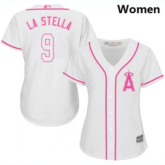 Angels #9 Tommy La Stella White Pink Fashion Women Stitched Baseball Jersey